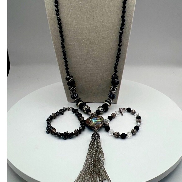 Abalone Shell Tassel Necklace & Beaded Bracelets Set Boho Chic Style Unique - Picture 2 of 13